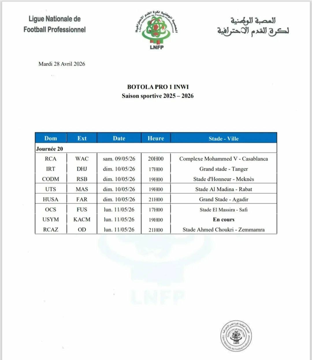 مباريات الجولة 20 من منافسات البطولة الاحترافية