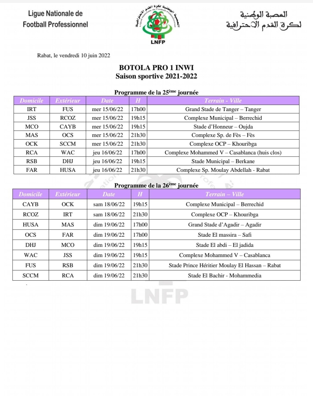 Programme 25e et 26e journée